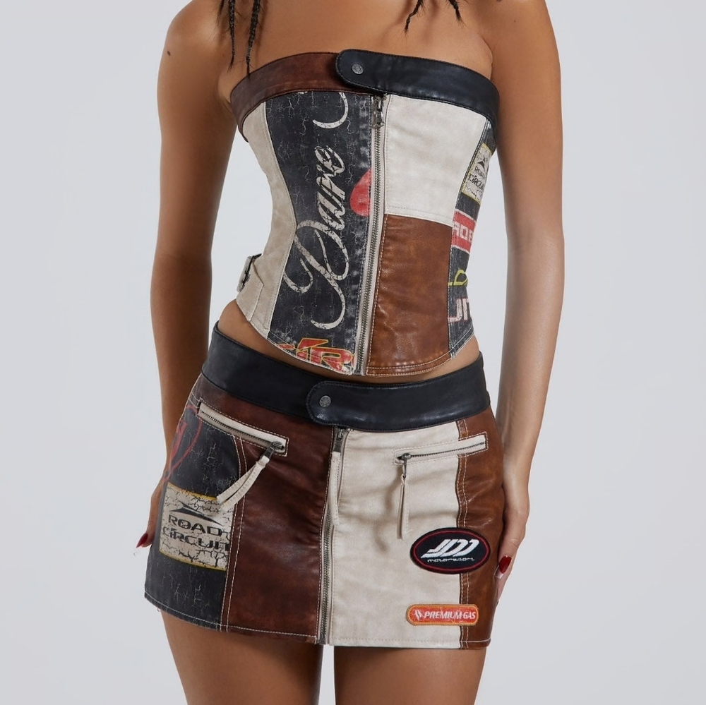 Jaded London Brown and Cream Patchwork Skirt Set